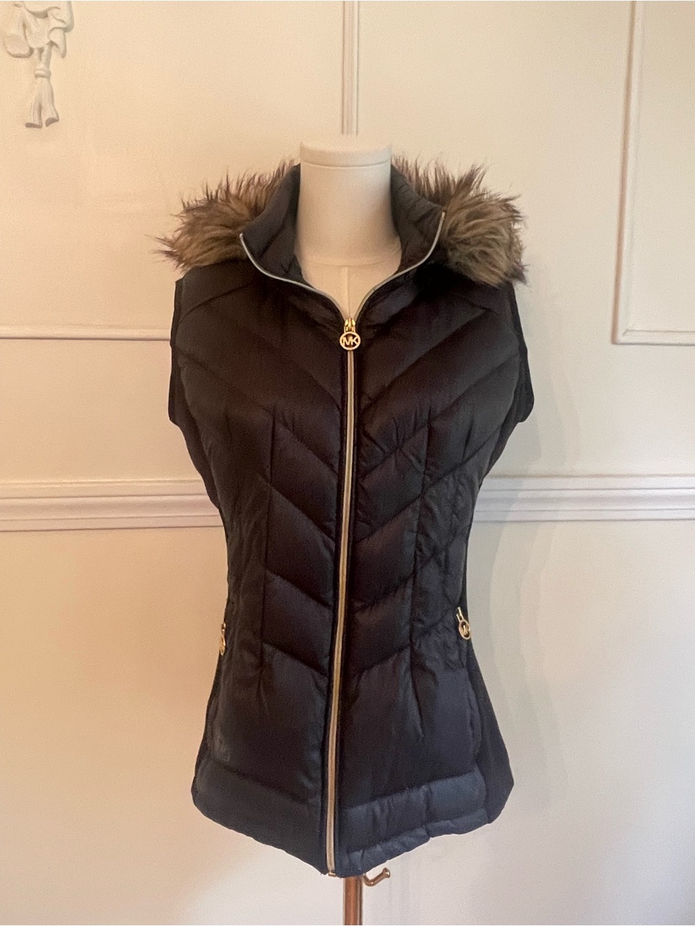 Michael Kors Black Quilted Down Puffer Vest with Faux-Fur Hood